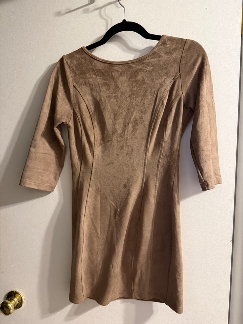 Neutral Taupe Faux-Suede Long Sleeve Sheath Dress